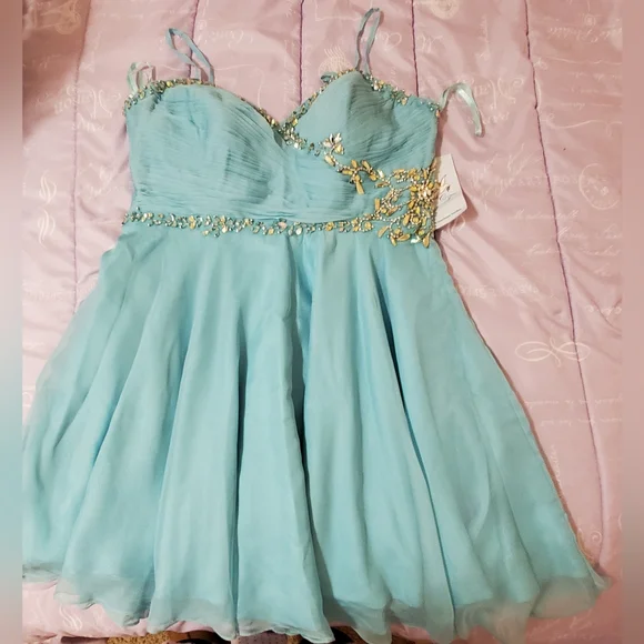slim fit dress slacks Amarra Sequin Short Homecoming Dress -PromGirl Turquoise / 2